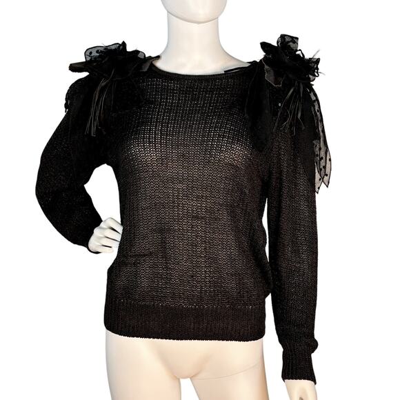 Vtg 80s Size M Sweater Embellished Shoulders Puff Sleeve Sequin Open Knit Black - Picture 1 of 10
